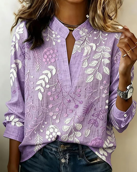 FloraMuse – Elegant Stand-Collar Floral Blouse – Purple / S