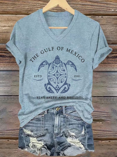 CoastMuse – Gulf Print V-Neck Women’s T-Shirt – Sky Blue / S