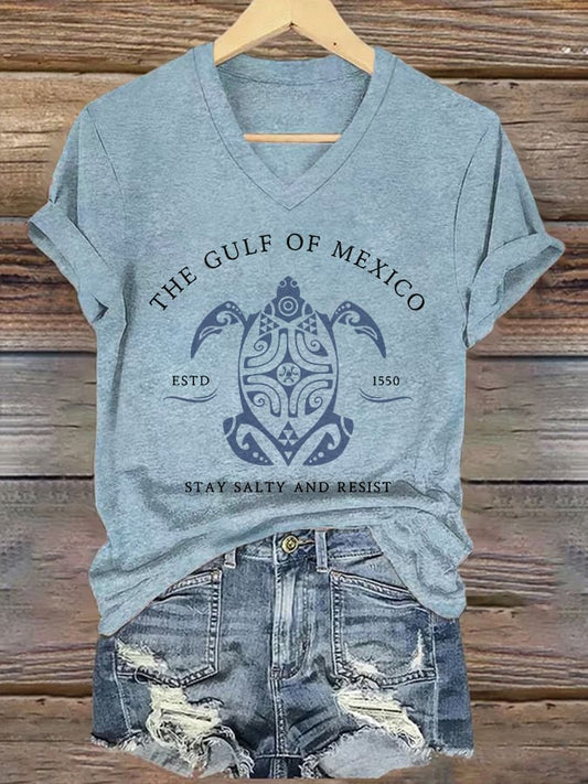CoastMuse – Gulf Print V-Neck Women’s T-Shirt – Sky Blue / S
