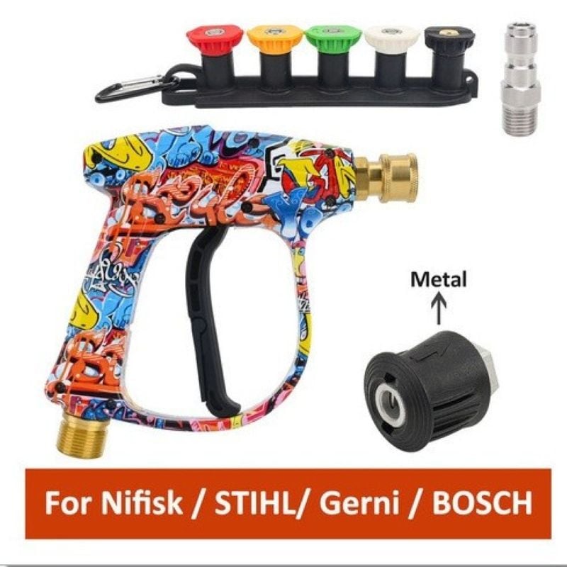 PowerWash Pro – 5 Tip Spray System – 1*Painted water gun + 5*color spray nozzle + 1*nozzle base set + 1*water outlet connector + 1*quick-connect adapter