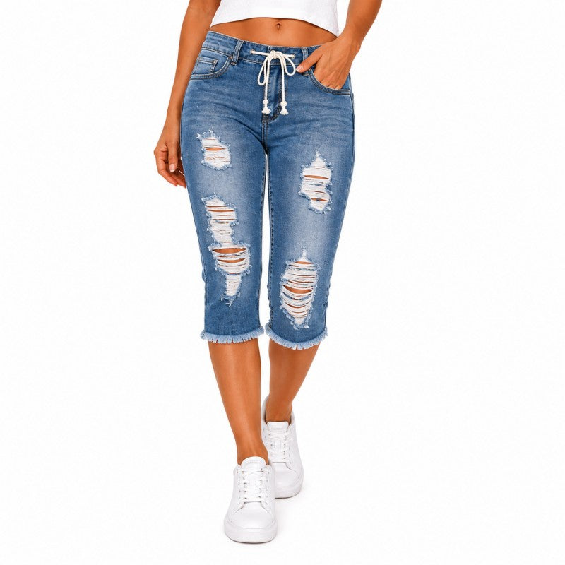 DenimBloom – High Waist Cropped Denim Jeans – Deep Blue / XS