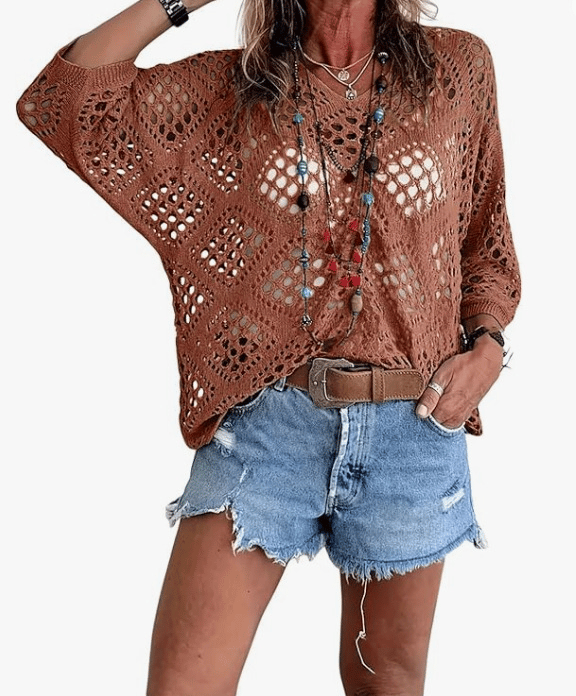 CoastalMuse – Elegant Boho Crochet Top – Caramel / S