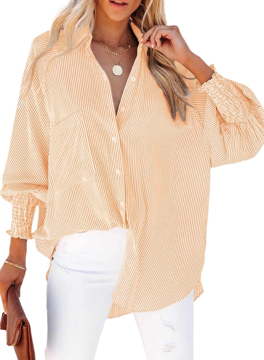 2026 ItemWomen's pleated cuffs striped shirt with pockets and casual collar – image 32