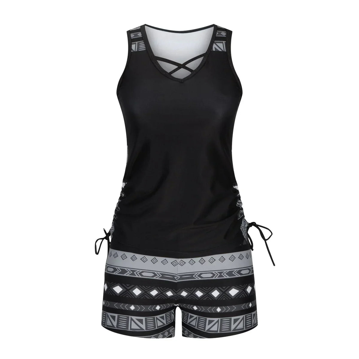 BeachBloom – Modest Bohemian Tankini Swimsuit with Shorts – Black / S