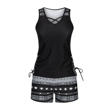 BeachBloom – Modest Bohemian Tankini Swimsuit with Shorts – Black / S