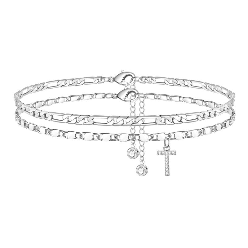 ShineScript – Layered Anklet Bracelets with Letters – Silver / T