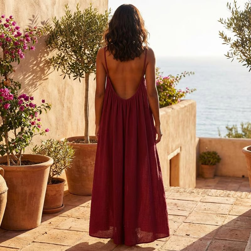 CalmMuse – Breathable Cami Lounge Dress – Burgundy / S
