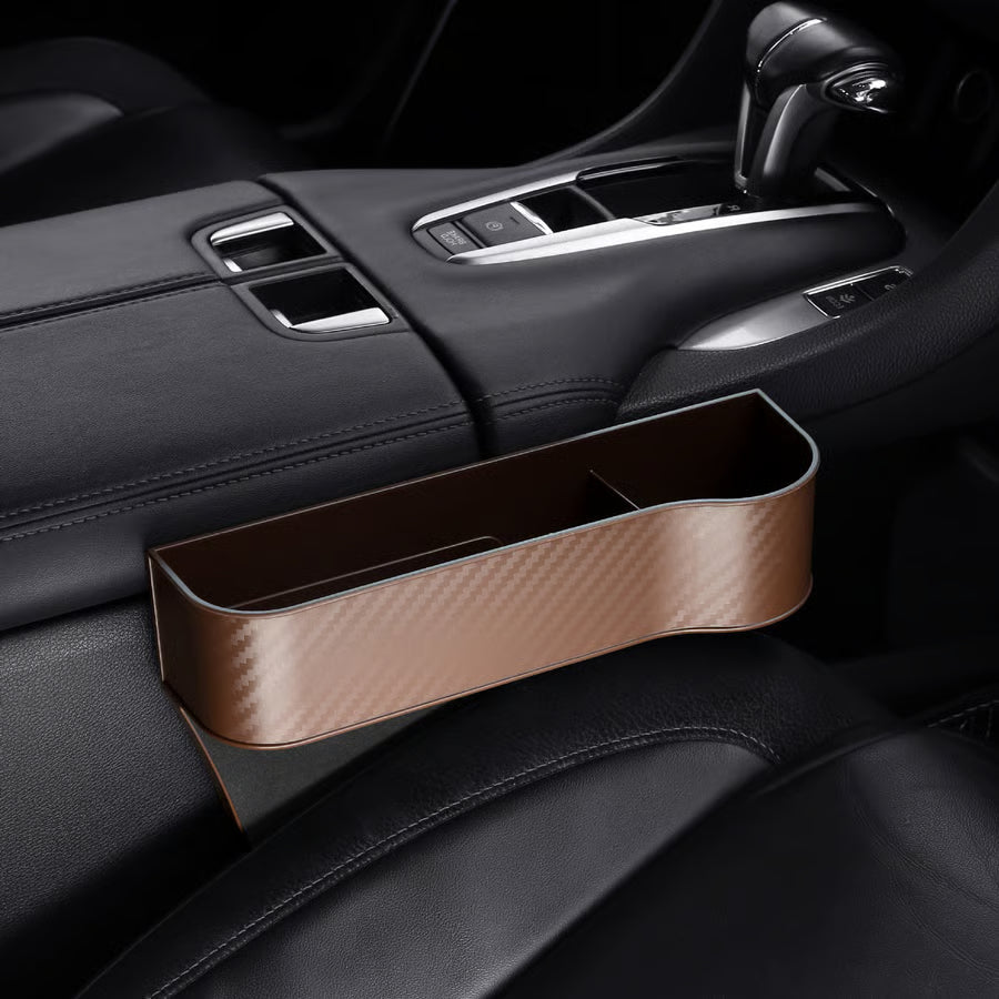 DriveMate – Multi Pocket Leather Car Seat Storage Organizer – Brown / Right Seat / Carbon Fiber