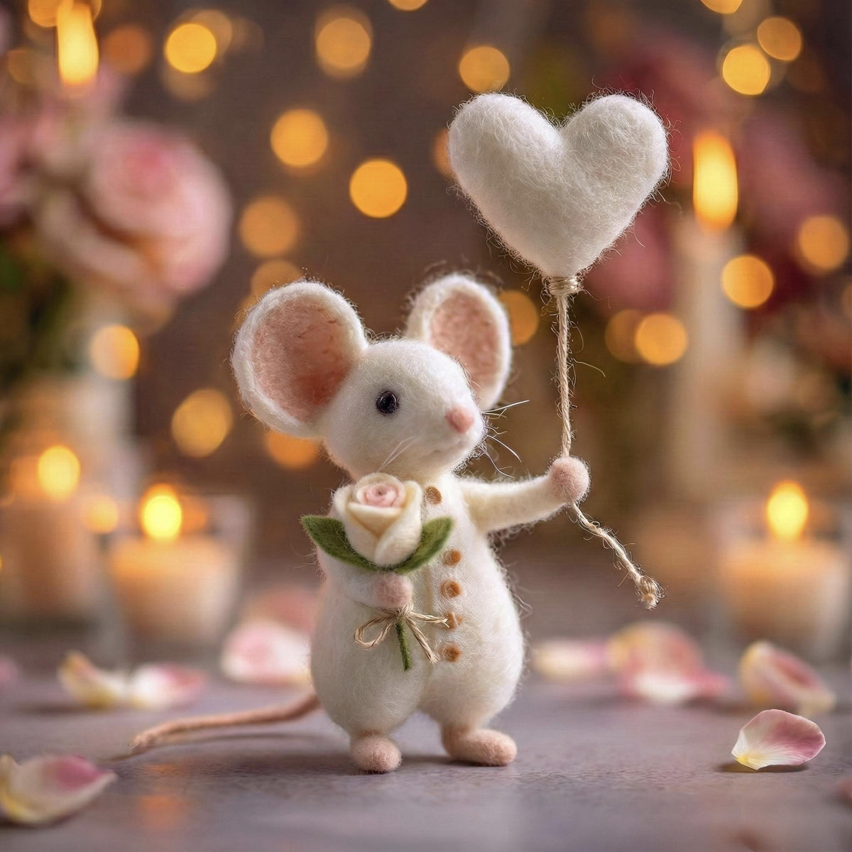 Needle Felted Mouse | Valentine's Day Gift – White Heart Balloon