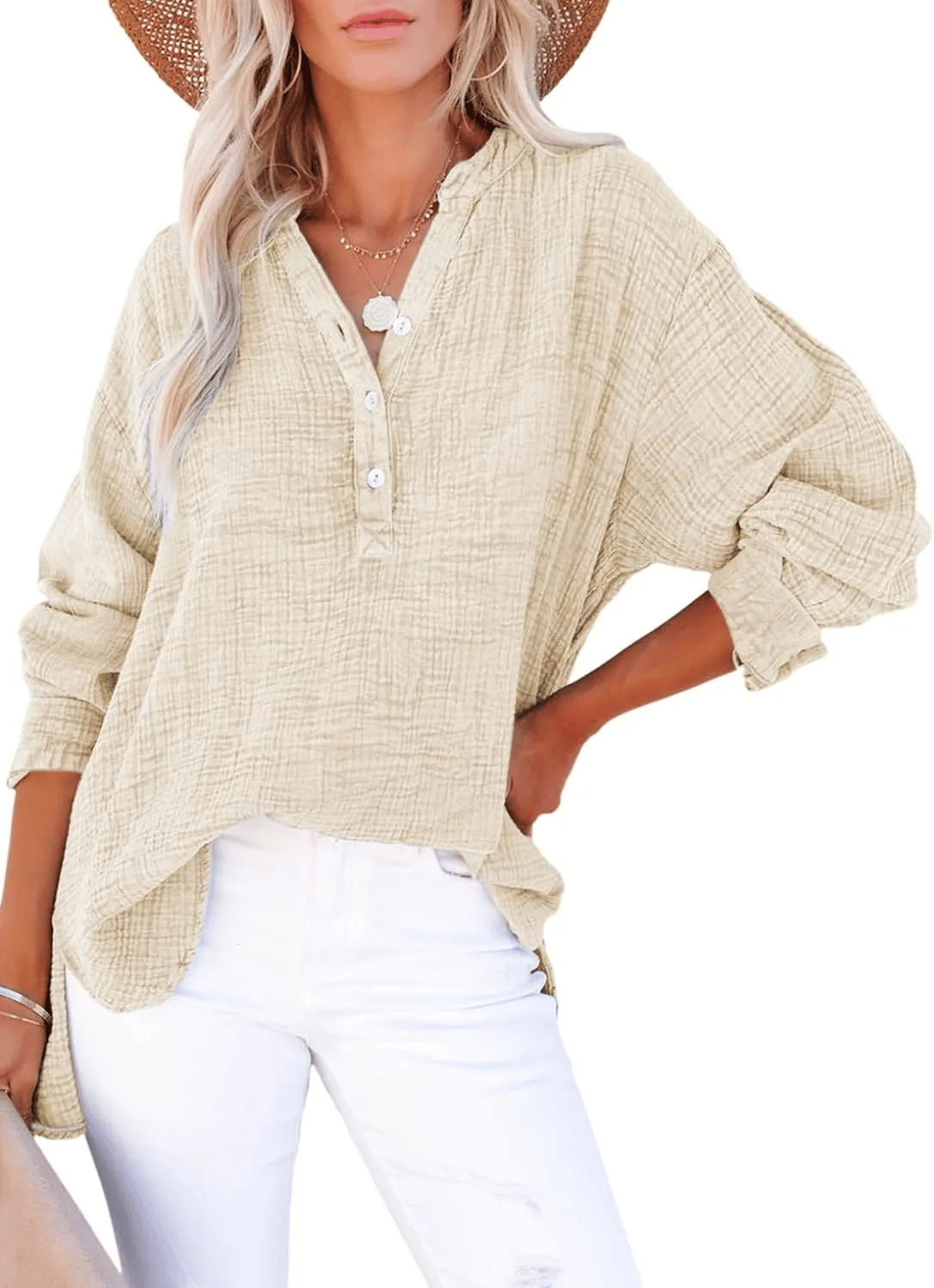 CloudFit – Women’s Casual Oversized Gauze Blouse – Beige / S