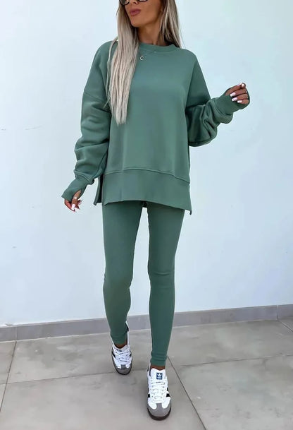 SoftEase – Comfy Slit Sweatshirt Two-Piece Set – Green / S