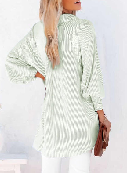 2026 ItemWomen's pleated cuffs striped shirt with pockets and casual collar – image 13