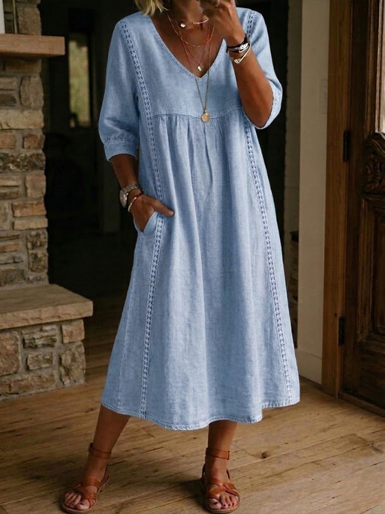 LinenLace – Casual Patchwork Linen-Cotton Dress – Light Blue / S