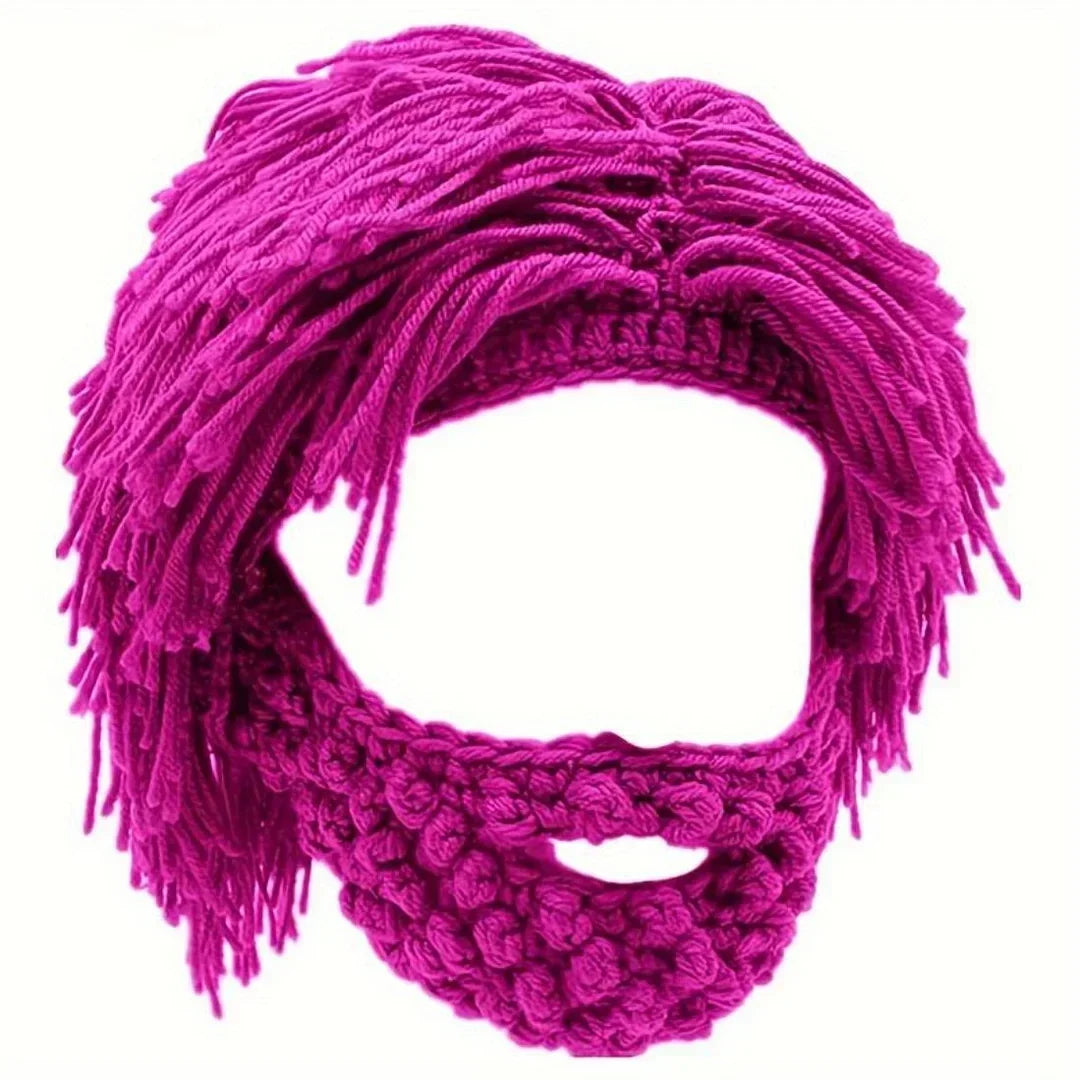 Acrylic Punk Style Beanie with Attached Straight Hair Wig and Knitted Beard – Pink