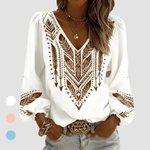 LunaGrace – Puffed Sleeve V-Neck Blouse – White / S