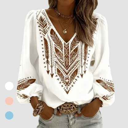 LunaGrace – Puffed Sleeve V-Neck Blouse – White / S