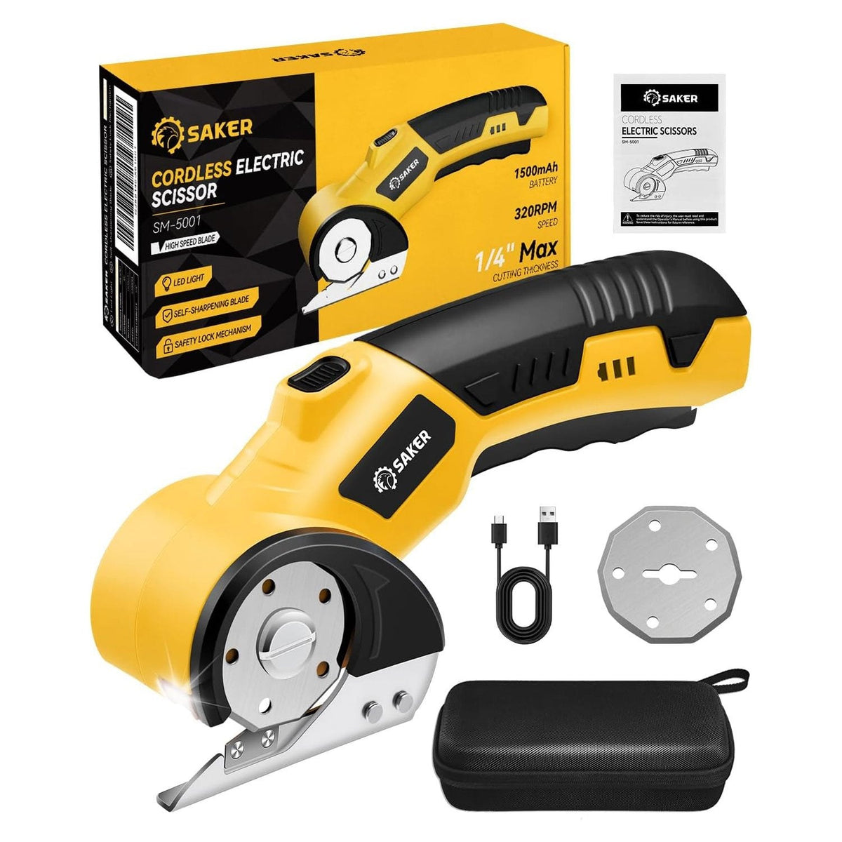 RapidSlice – Rechargeable Fabric & Metal Scissors – 2 Blades with Carrying Bag, Yellow