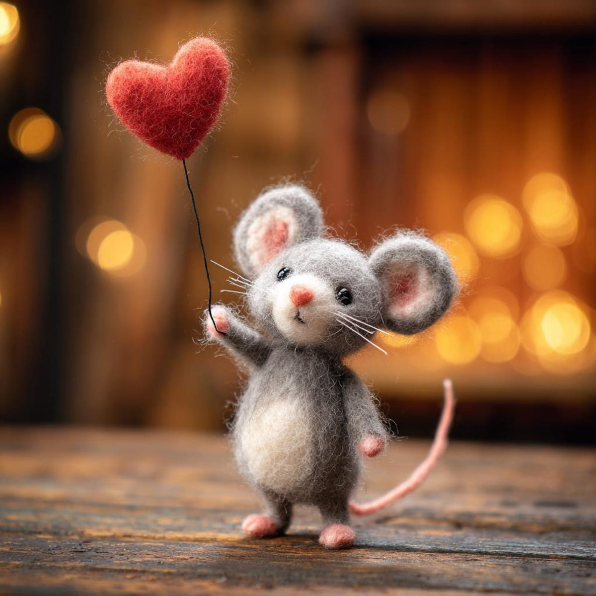 Needle Felted Mouse | Valentine's Day Gift – Grey Mouse Balloon