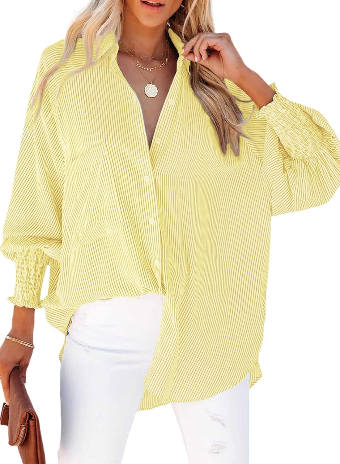 2026 ItemWomen's pleated cuffs striped shirt with pockets and casual collar – image 17