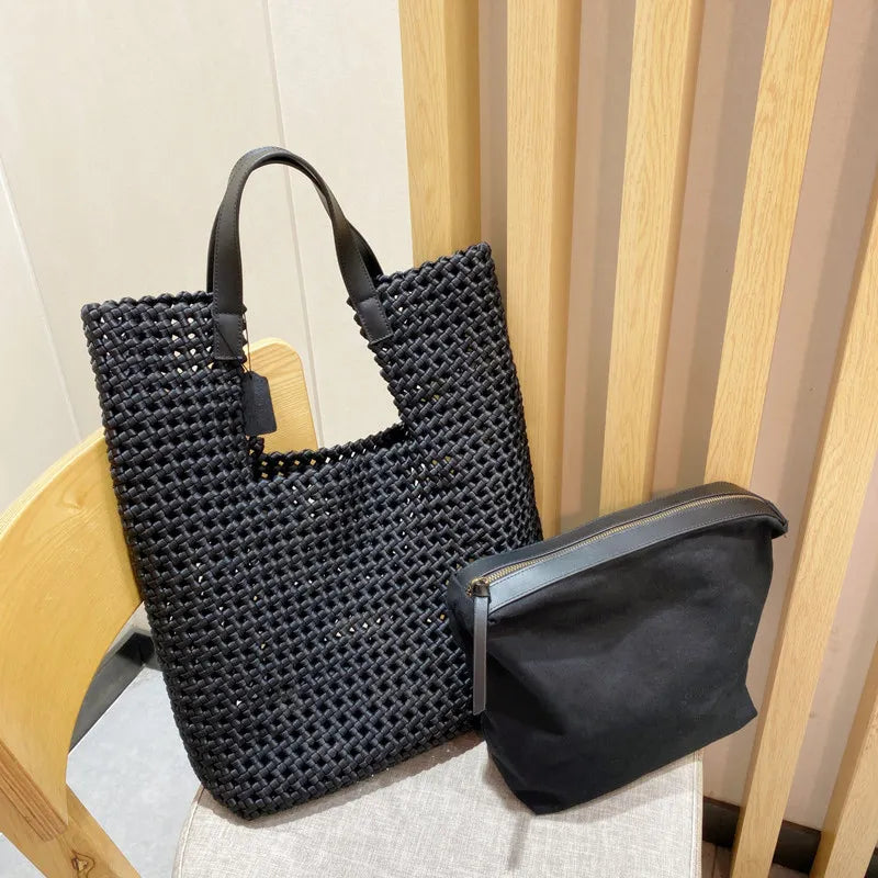 LuxeWeave – Handwoven Oversized Leather Tote Bag – With subpackage / Small size: 41x36x12cm (16*14*5inches)