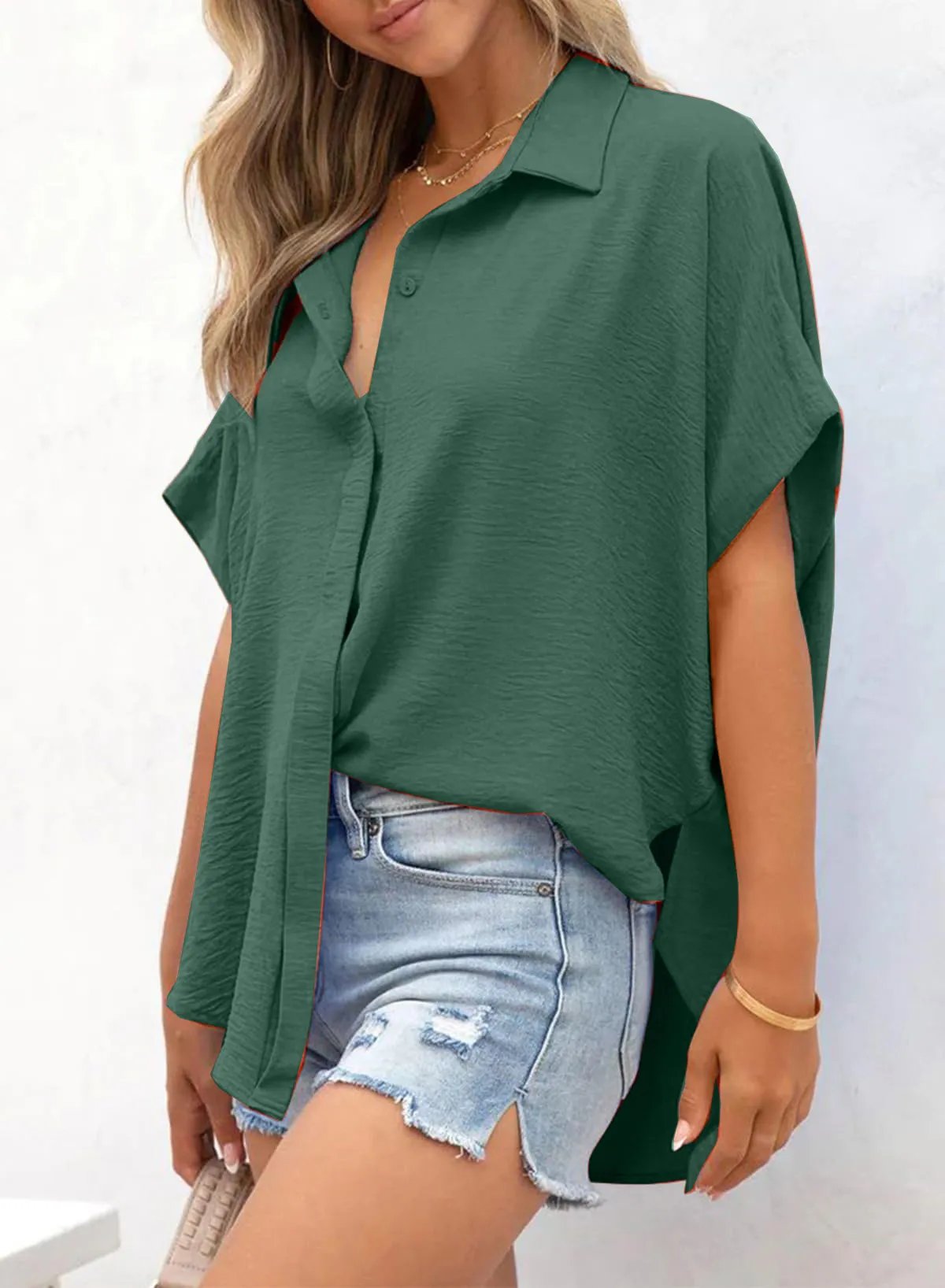 LunaWear – Casual Button Slit Hem Women’s Top – Dark green / S