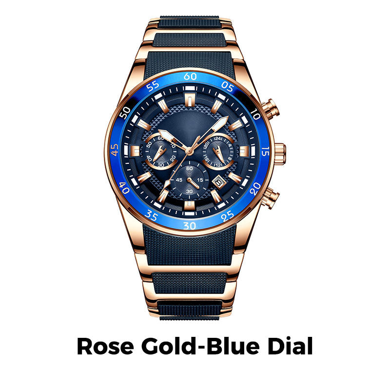 TimeForge – Rugged Men’s Multifunction Watch – Rose Gold-Blue Dial