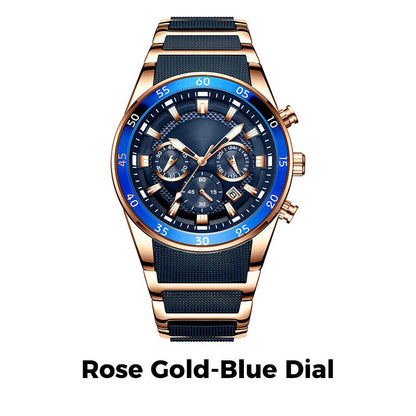 TimeForge – Rugged Men’s Multifunction Watch – Rose Gold-Blue Dial
