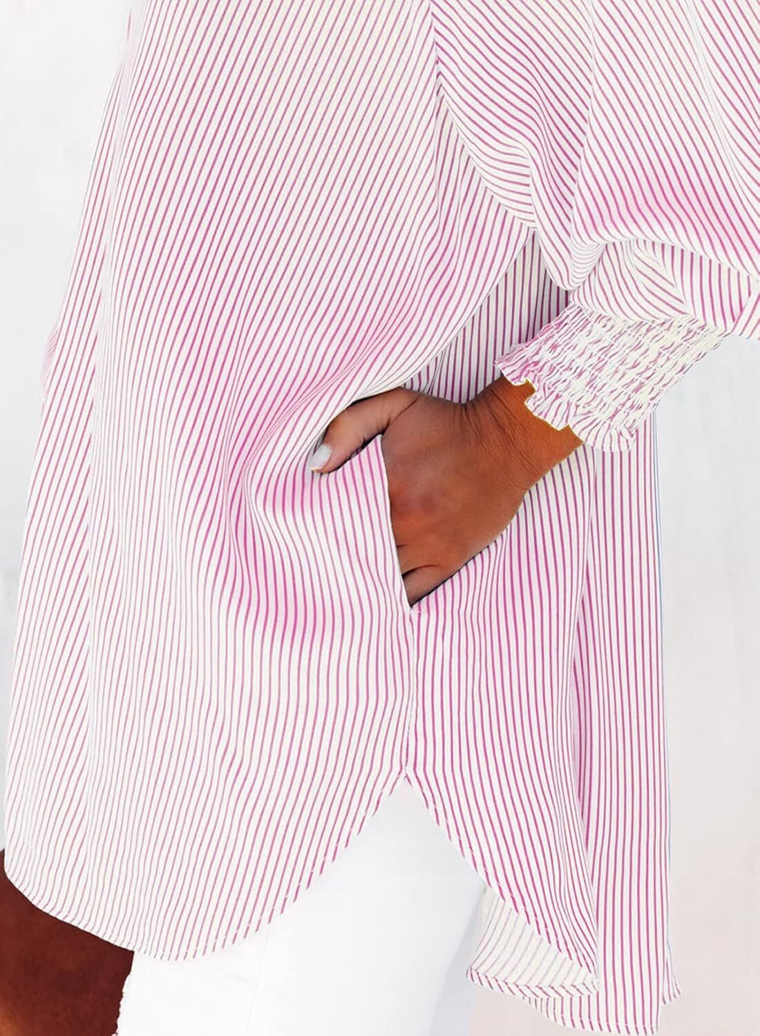 2026 ItemWomen's pleated cuffs striped shirt with pockets and casual collar – image 6