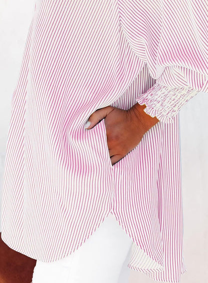 2026 ItemWomen's pleated cuffs striped shirt with pockets and casual collar – image 6