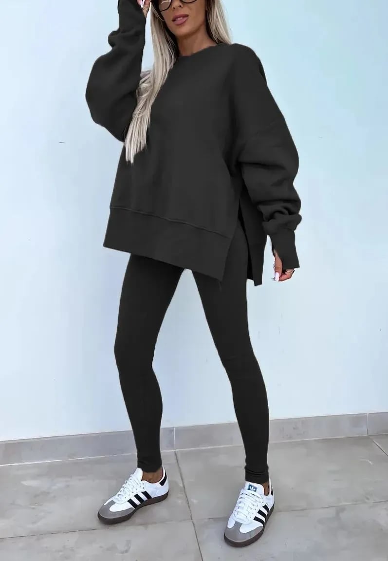 SoftEase – Comfy Slit Sweatshirt Two-Piece Set – Black / S