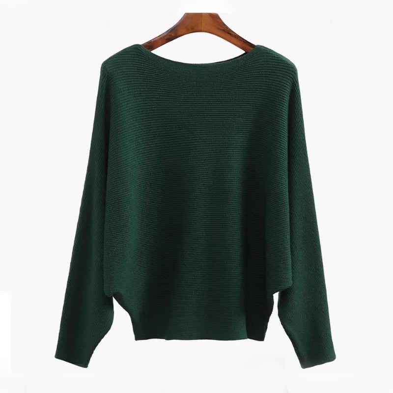 CozyWave – Women’s Boat Neck Bat Sleeve Knitted Sweater – dark green / One Size