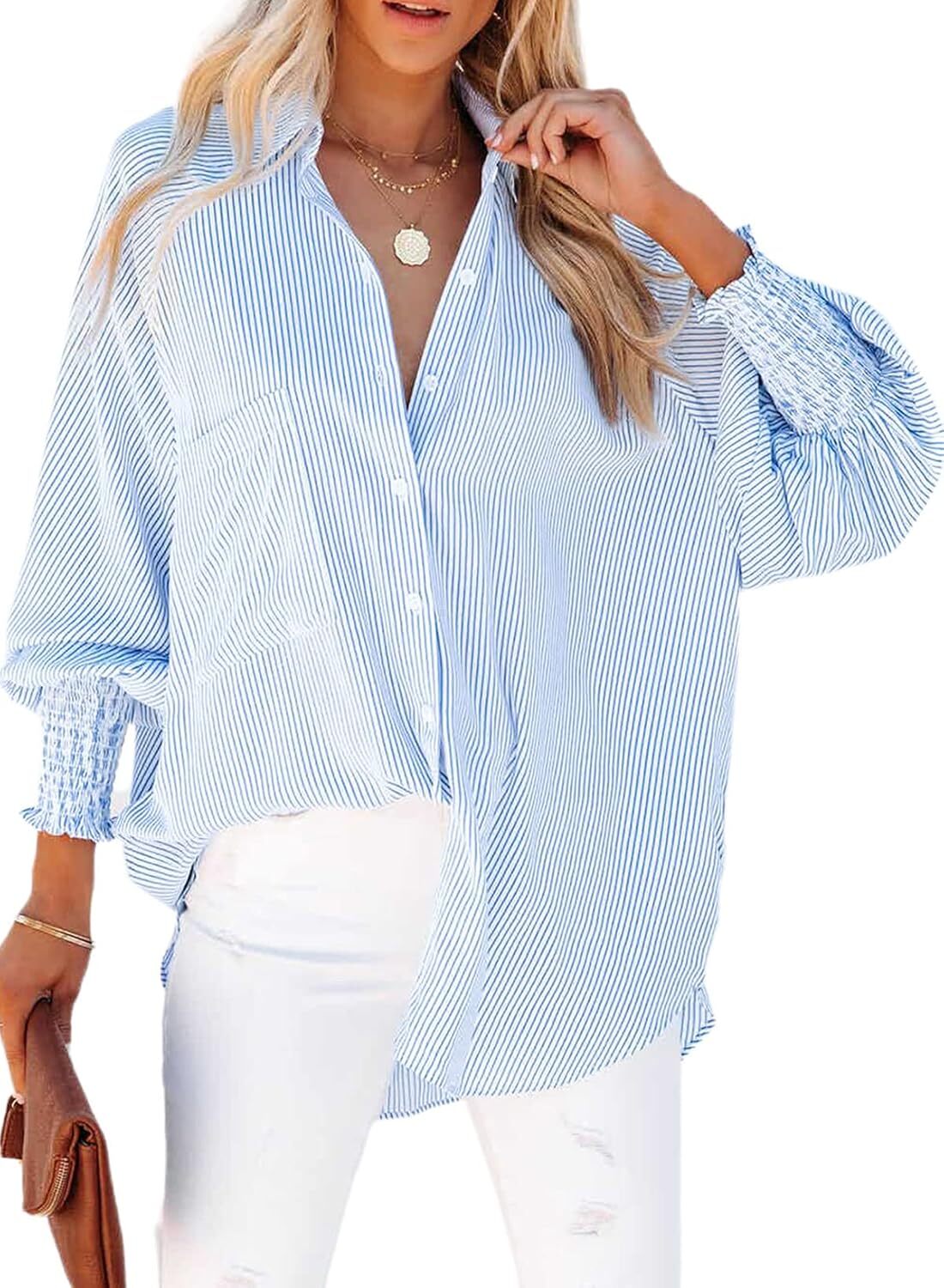 2026 ItemWomen's pleated cuffs striped shirt with pockets and casual collar – image 7