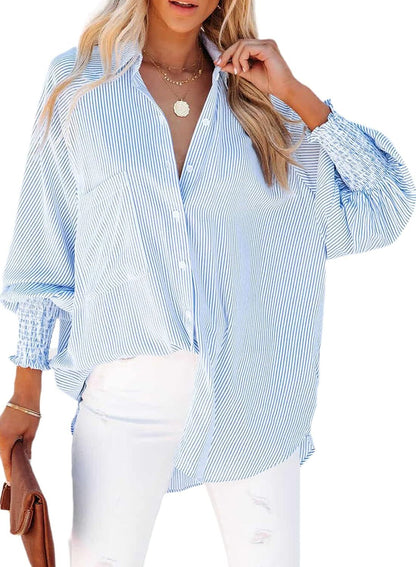 2026 ItemWomen's pleated cuffs striped shirt with pockets and casual collar – image 7