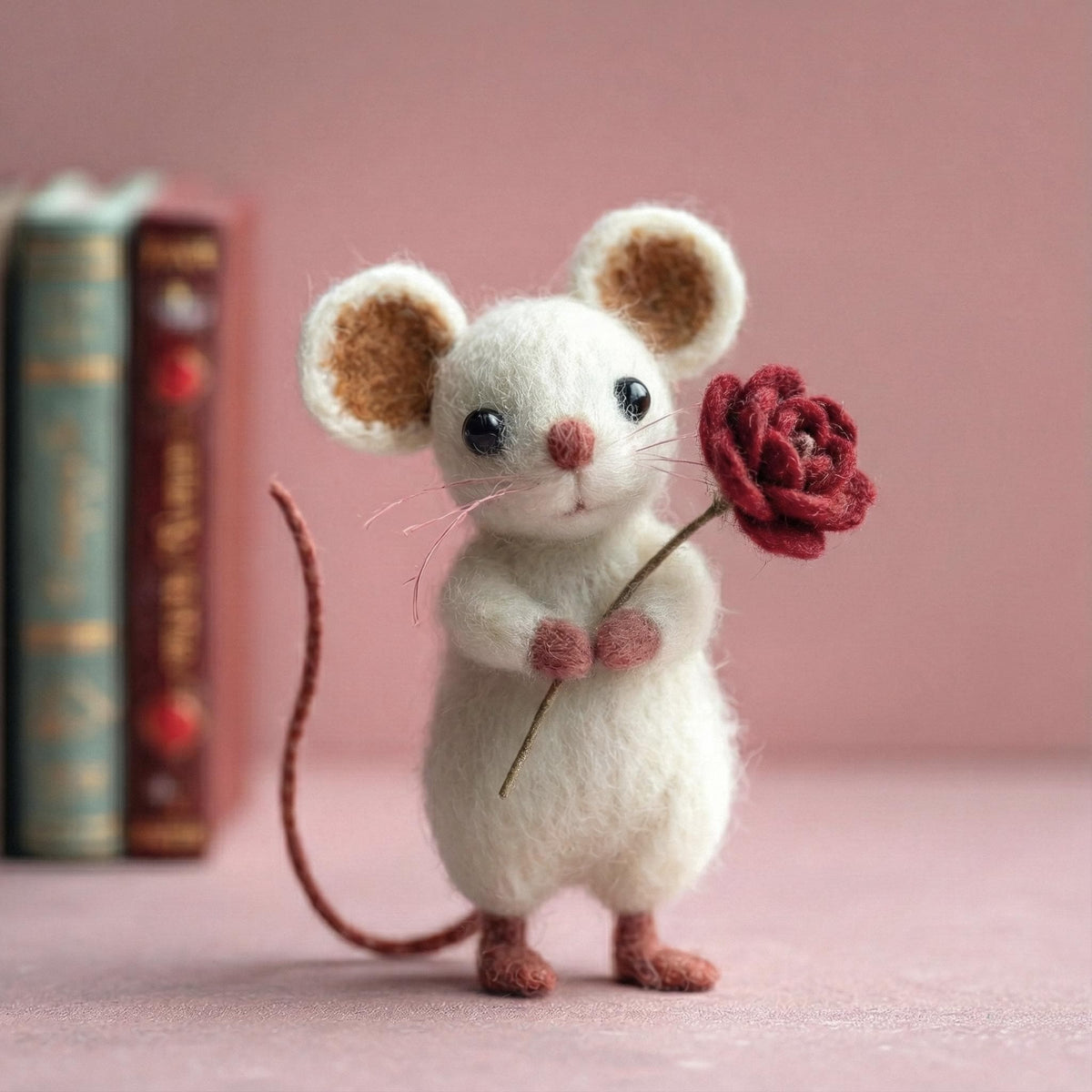 Needle Felted Mouse | Valentine's Day Gift – With Red Rose
