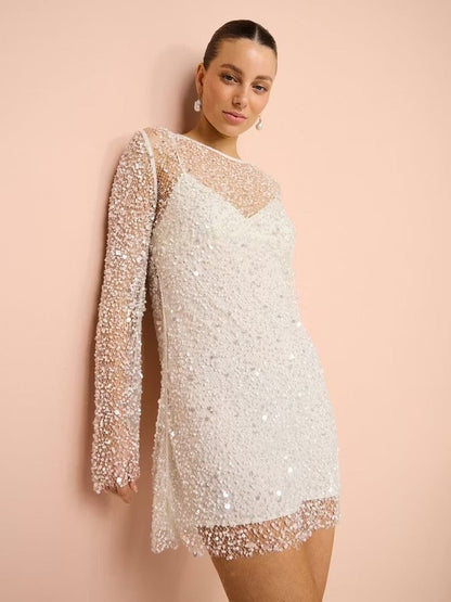 OpalGlow – Luxury Handcrafted Party Dress – White / S