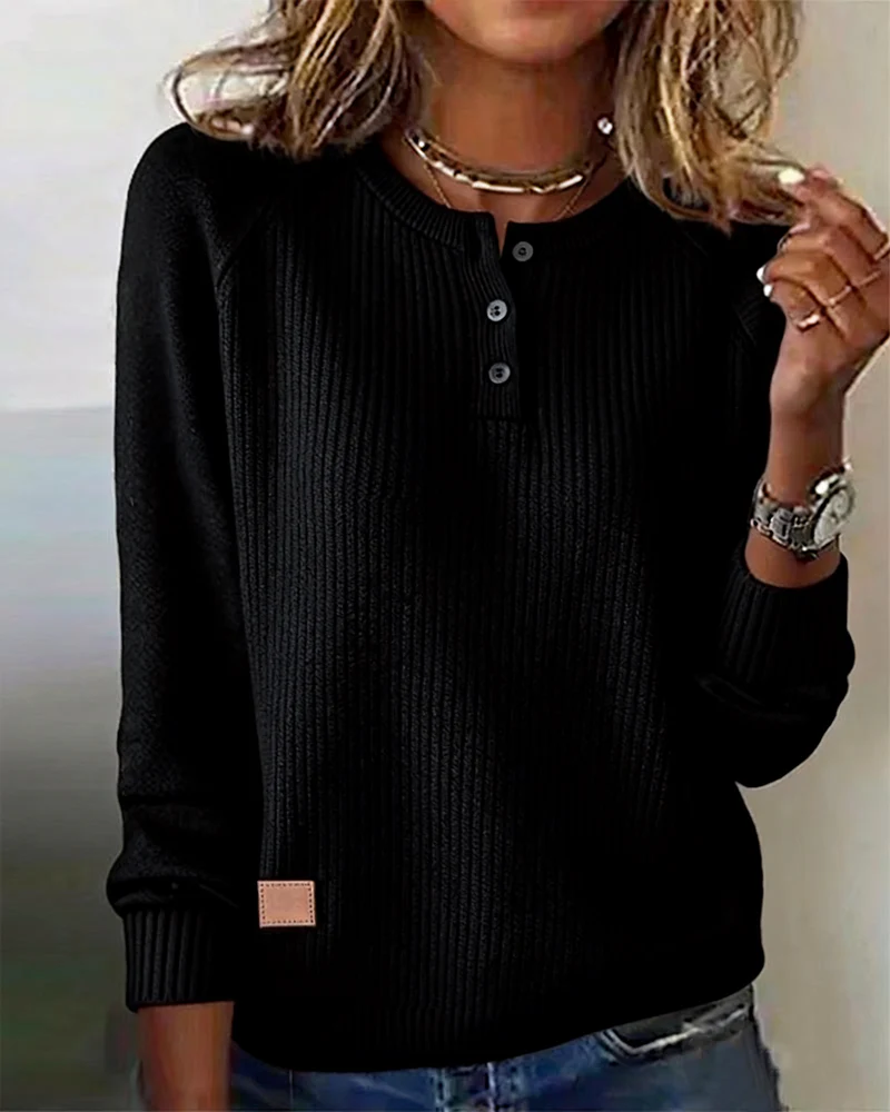 RaglaMode – Stylish Button Sleeve Pullover – Black / M