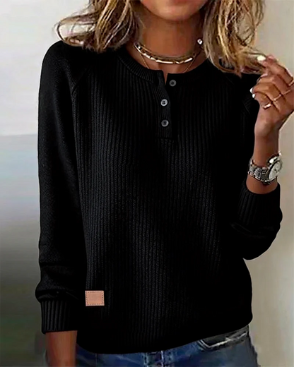 RaglaMode – Stylish Button Sleeve Pullover – Black / M