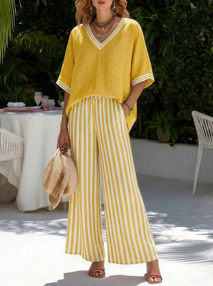 LinenVibe – Casual Linen Cotton Patchwork Outfit – Yellow / S