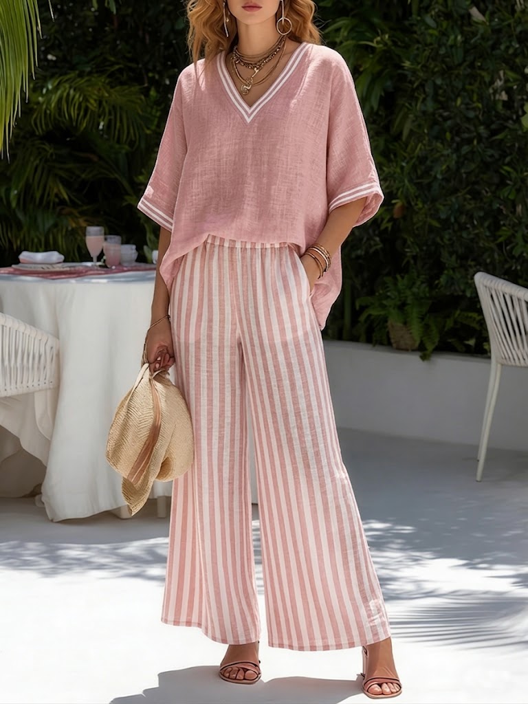 LinenVibe – Casual Linen Cotton Patchwork Outfit – Pink / S