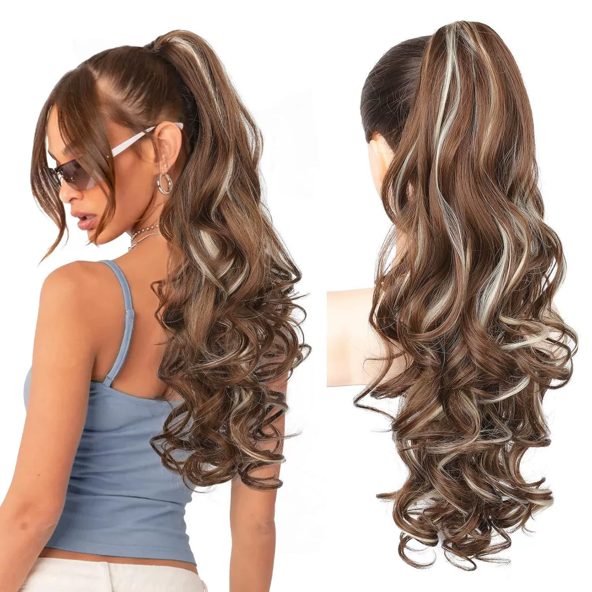 LunaLocks – Glamorous Wave Ponytail Extension – Light Brown with Blonde / No comb