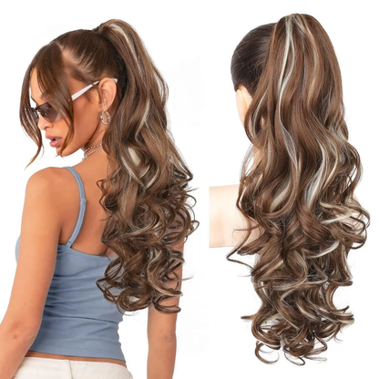 LunaLocks – Glamorous Wave Ponytail Extension – Light Brown with Blonde / No comb
