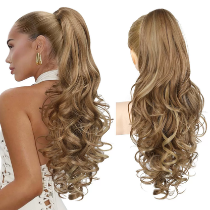 LunaLocks – Glamorous Wave Ponytail Extension – Light Brown with Highlights / No comb