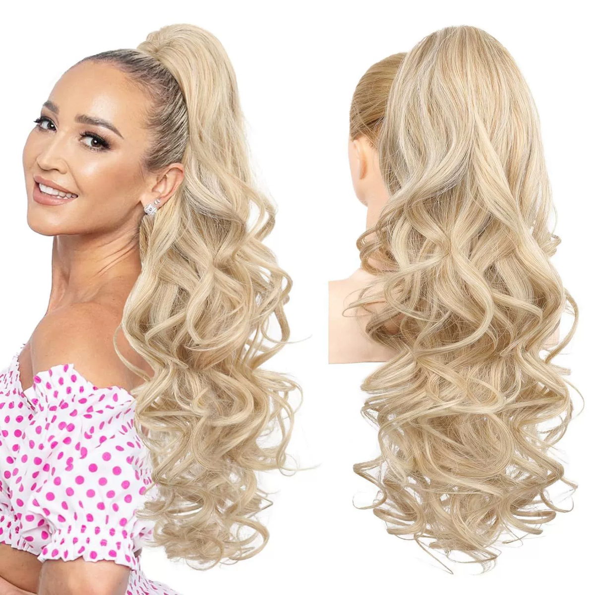 LunaLocks – Glamorous Wave Ponytail Extension – Medium Blonde with Pale Highlights / No comb