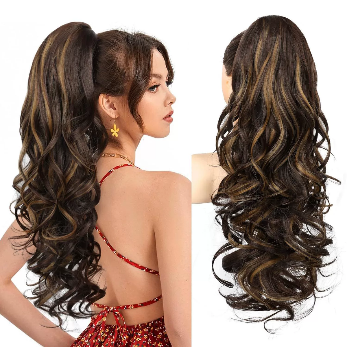 LunaLocks – Glamorous Wave Ponytail Extension – Dark Brown with Highlights / No comb