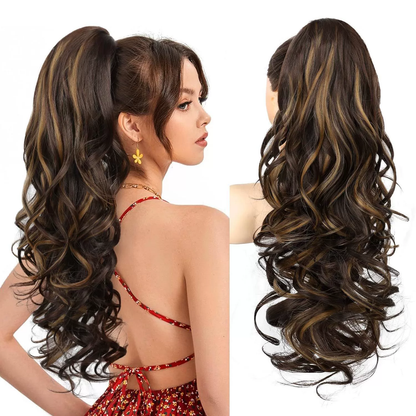 LunaLocks – Glamorous Wave Ponytail Extension – Dark Brown with Highlights / No comb