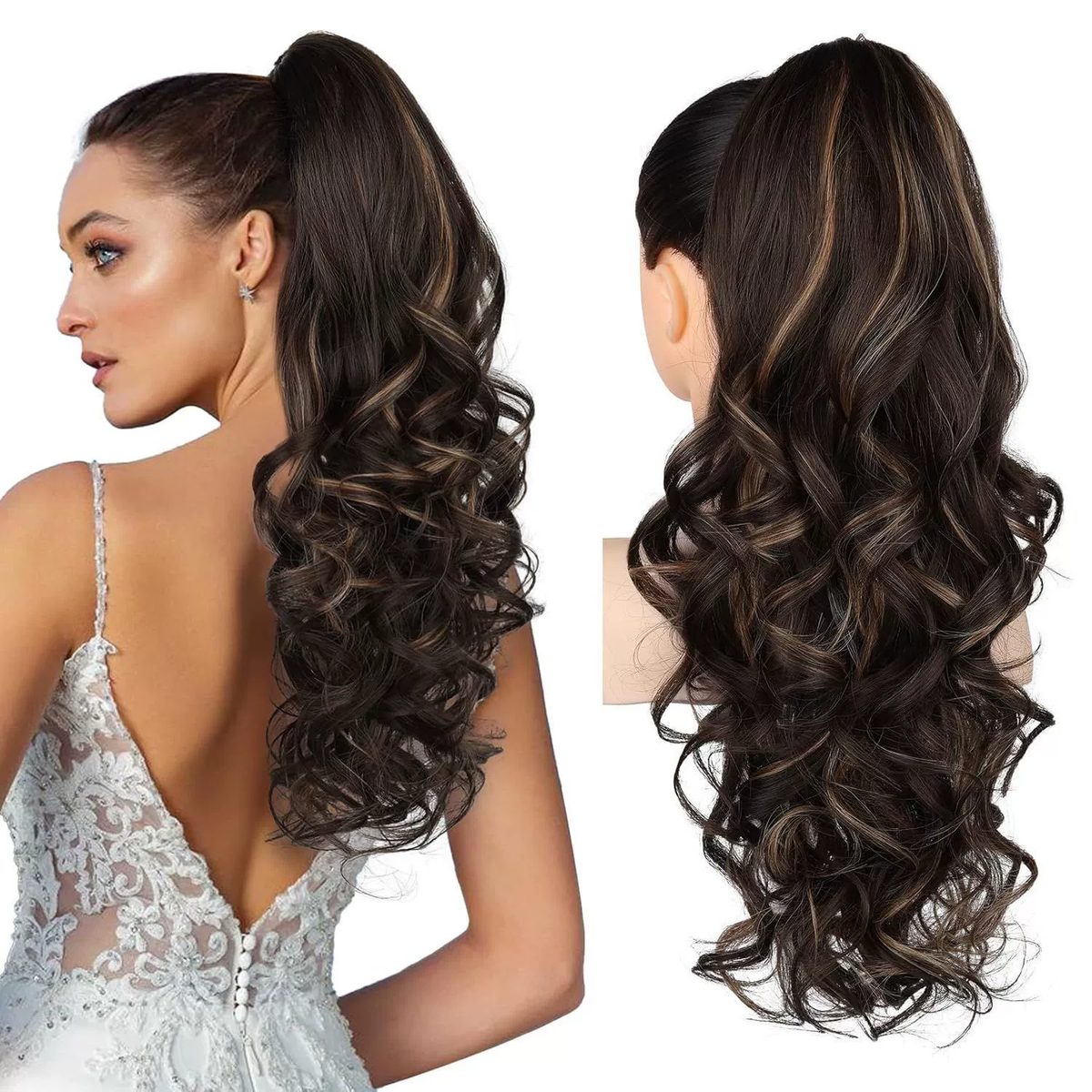 LunaLocks – Glamorous Wave Ponytail Extension – Dark Chocolate Brown with Highlights / No comb