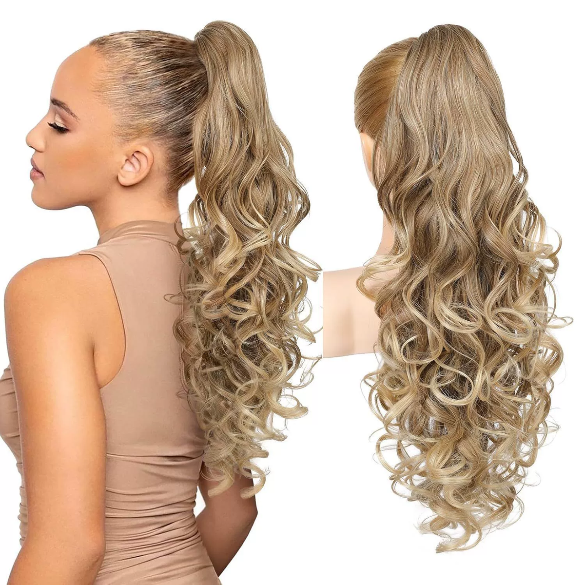 LunaLocks – Glamorous Wave Ponytail Extension – Glazed Mocha to Blonde / No comb