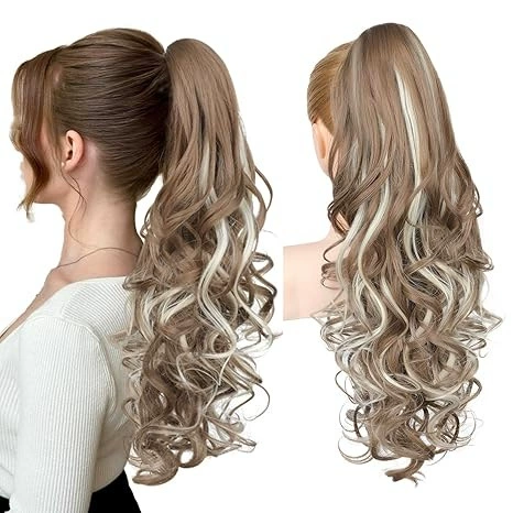LunaLocks – Glamorous Wave Ponytail Extension – Ash Brown with Platinum Highlights / No comb