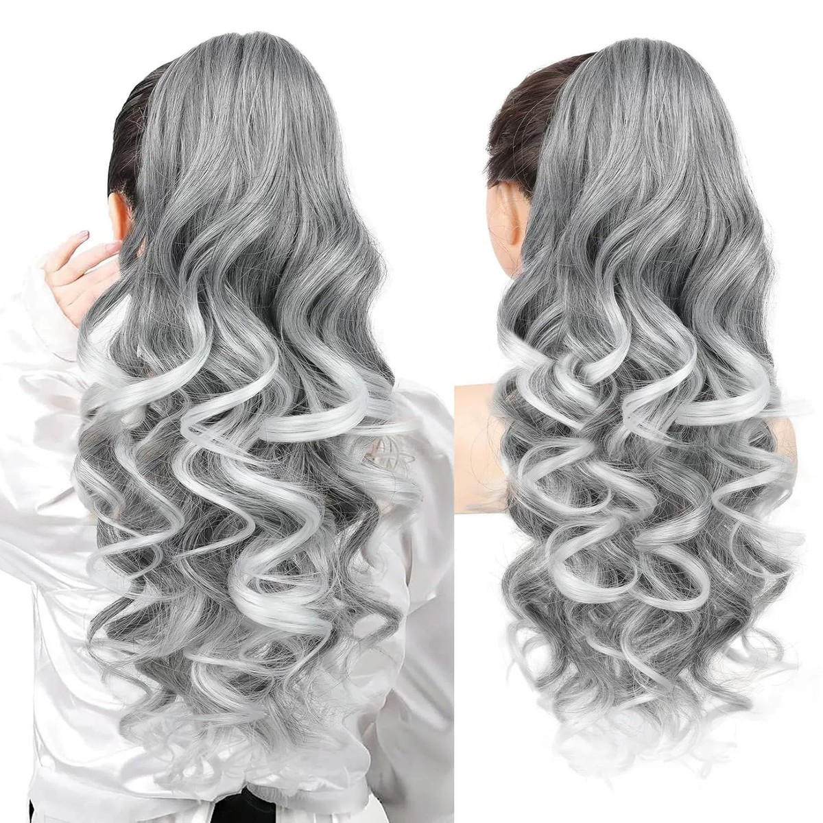 LunaLocks – Glamorous Wave Ponytail Extension – Grey with White Ends / No comb