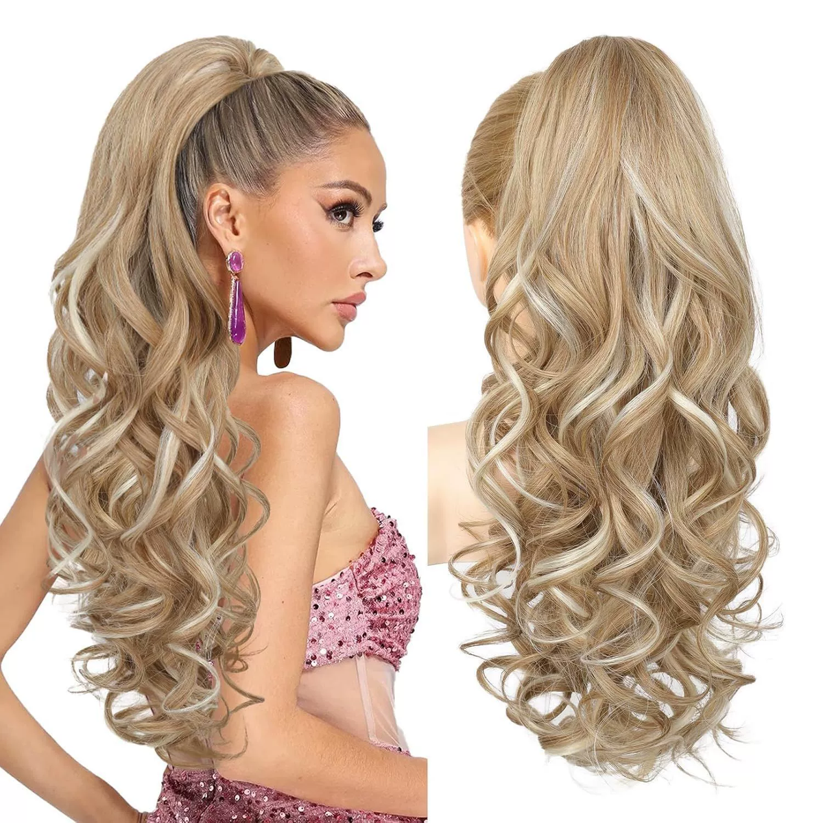 LunaLocks – Glamorous Wave Ponytail Extension – Honey Blonde with Highlights / No comb